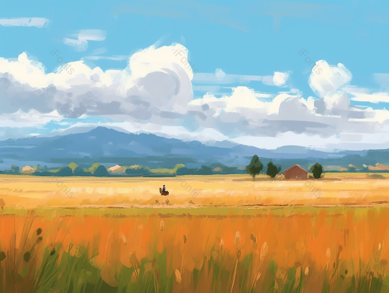 手绘夏季小满季节蓝天白云下乡村田园金黄色麦穗背景,插画/手绘图,插画/手绘图库,插画/手绘图下载,插画/手绘